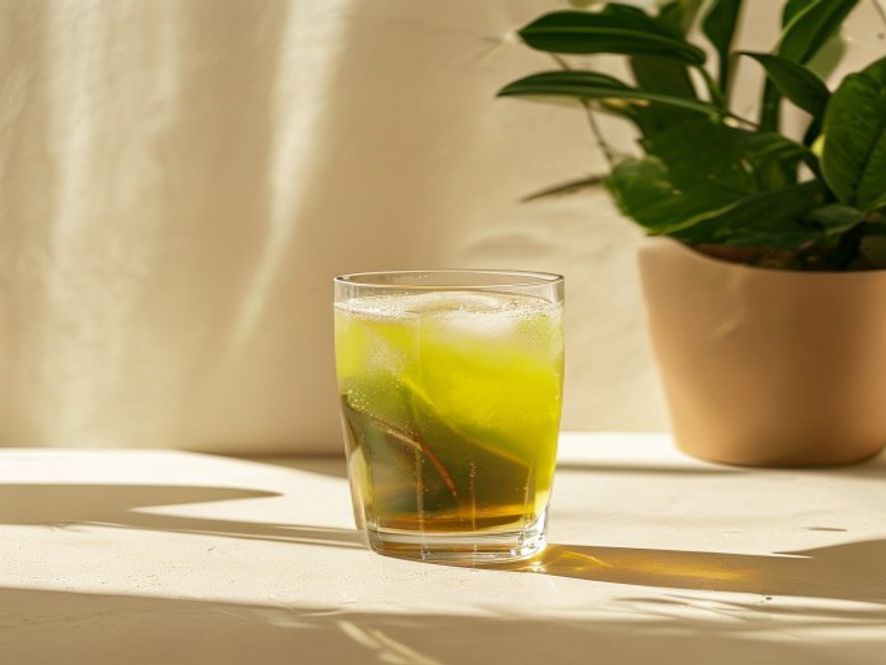 Frisk drik i glas på minimalistisk bord med grønne planter
