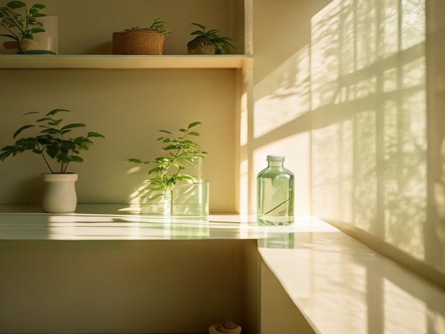 Lys morgenscene med glasflaske vand og groene planter på hylder