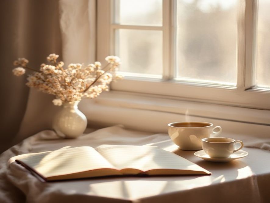 Mindful morgenritual med te og notesblok ved vinduet